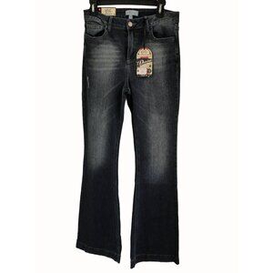 Cello High Rise Vinatage Wash Jeans Faded Dark Blue Distressed Flare Size 11